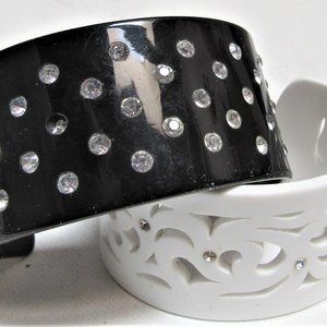 Two Bangle Cuff Bracelets Black White Rhinestones